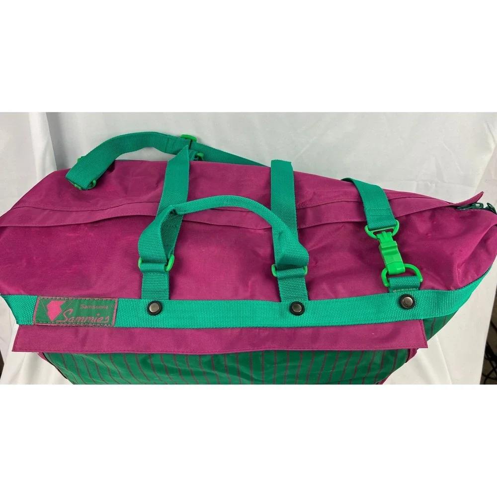 Samsonite Sammies Duffel Bag Unisex Large 1991 Vintage Green Magenta Pinstripe